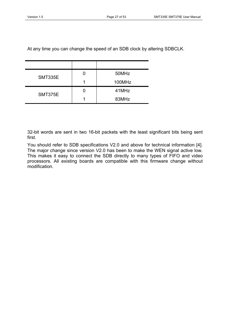 Sdb clock selection, Data formatting, Sdb clock selection data formatting | Sundance SMT335E User Manual | Page 27 / 53
