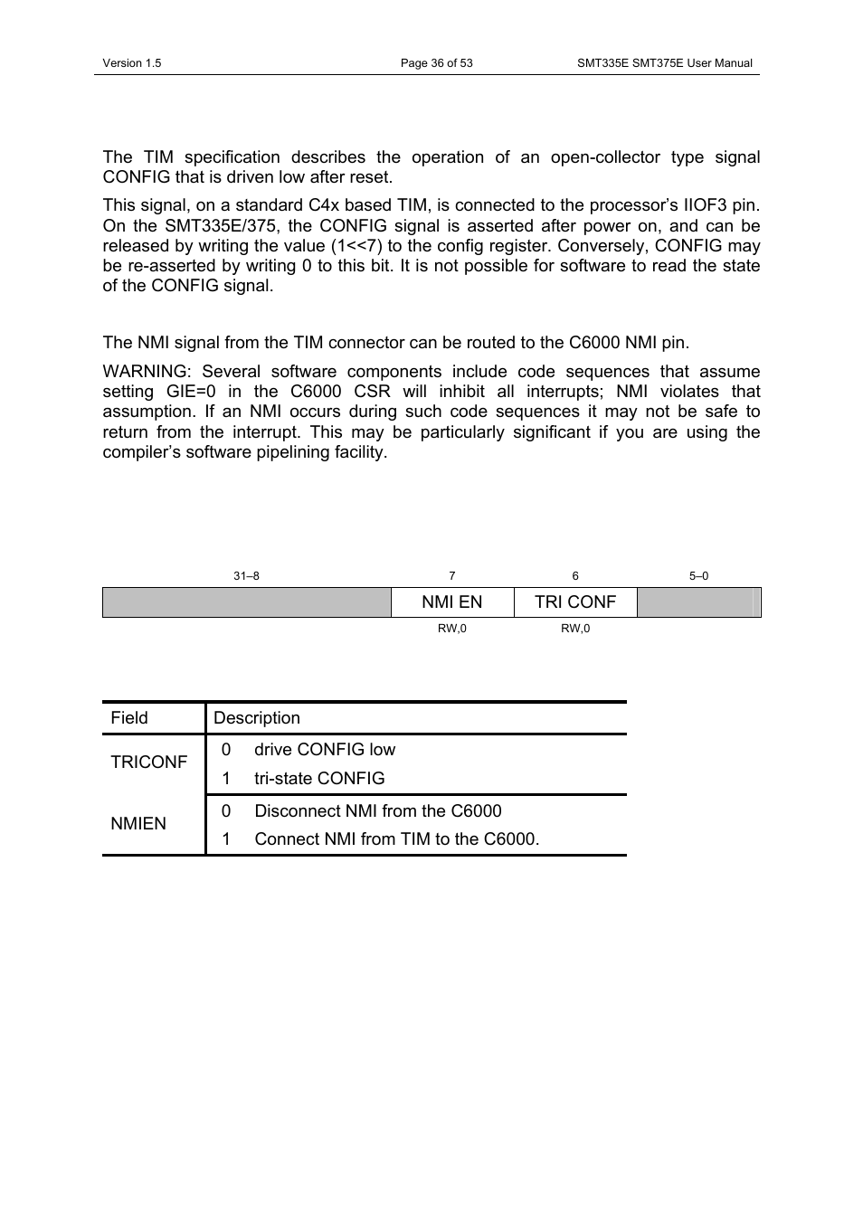 Config & nmi, Config register | Sundance SMT335E User Manual | Page 36 / 53