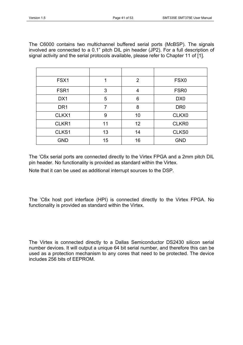 Serial ports, Host port interface, Silicon serial number | Sundance SMT335E User Manual | Page 41 / 53