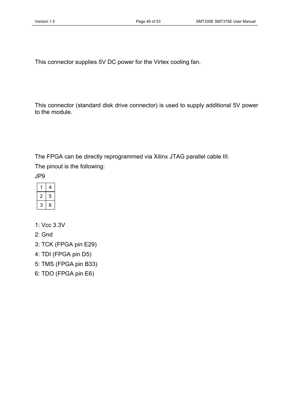 Jp3 - fan power connector, Jp4 - external 5v supply, Jtag header | Jp3 - fan power connector jp4 - external 5v supply | Sundance SMT335E User Manual | Page 46 / 53