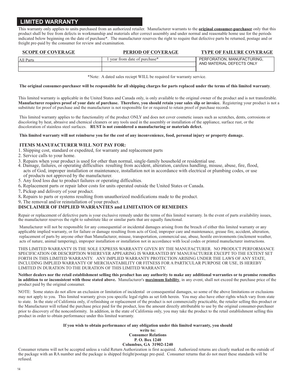 Limited warranty | Char-Broil 463210510 User Manual | Page 14 / 32