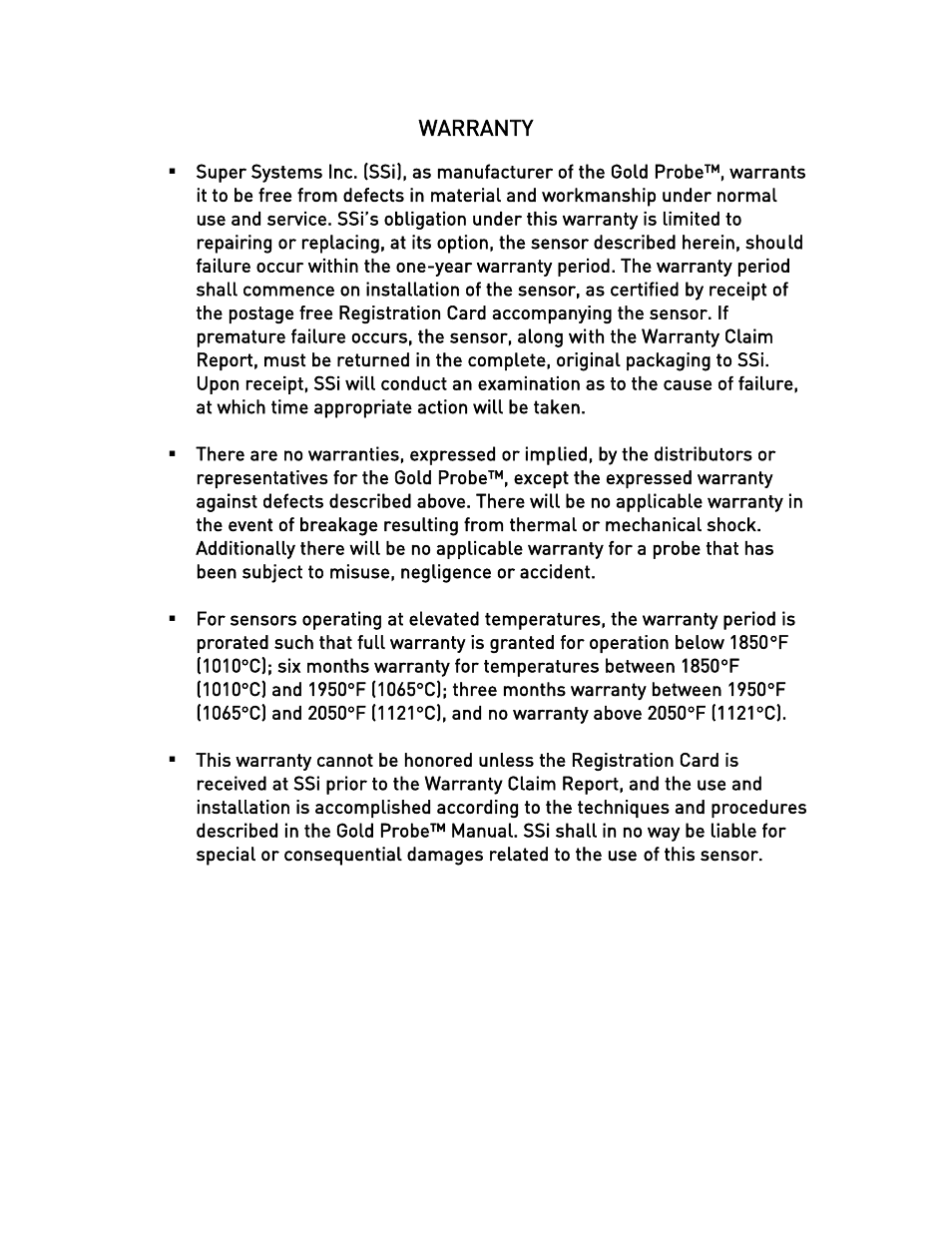 Warranty | Super Systems Gold Probe User Manual | Page 12 / 16