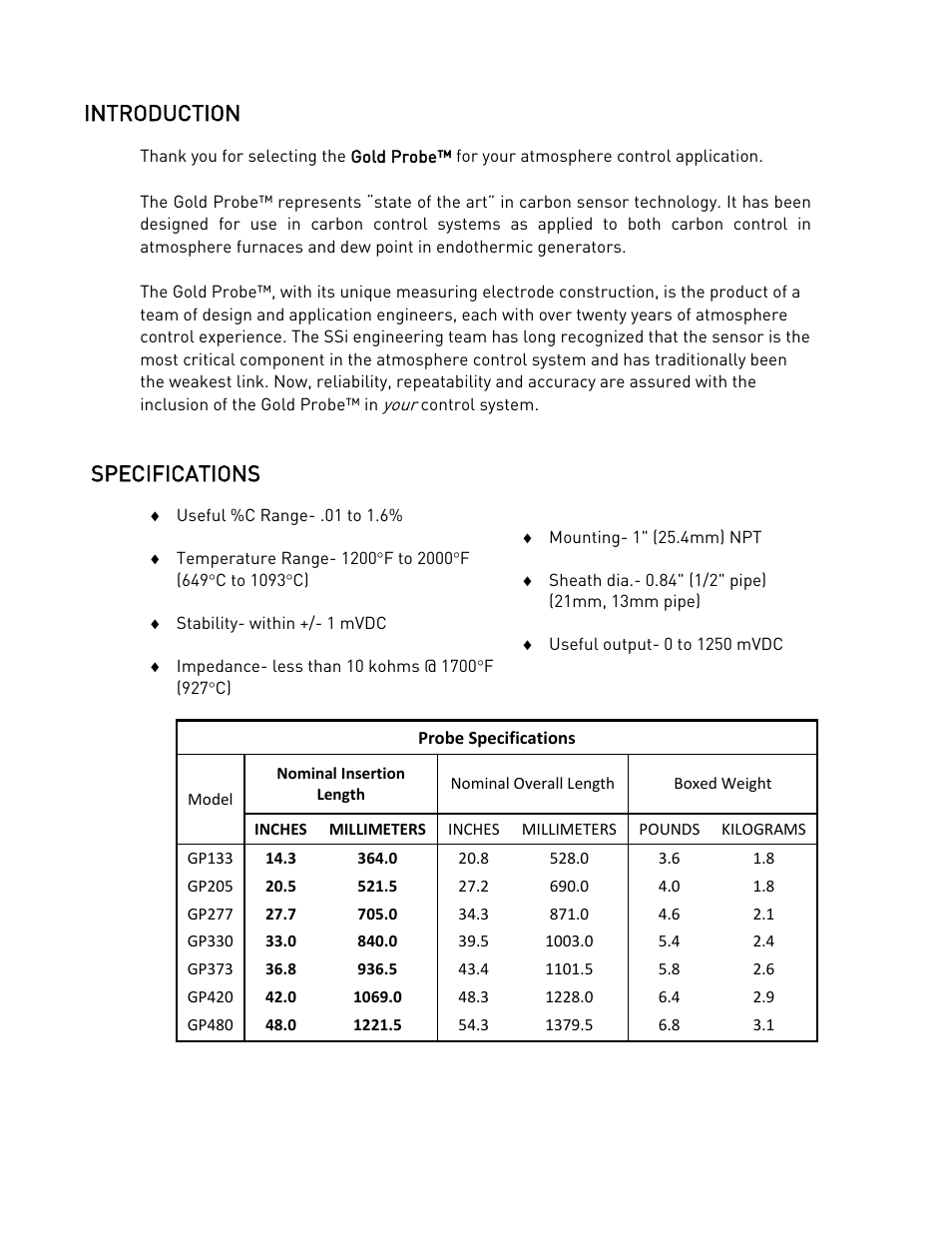 Introduction, Specifications | Super Systems Gold Probe User Manual | Page 3 / 16