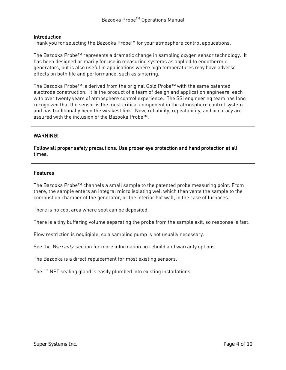 Introduction, Features, Introduction features | Super Systems Bazooka Probe User Manual | Page 4 / 10