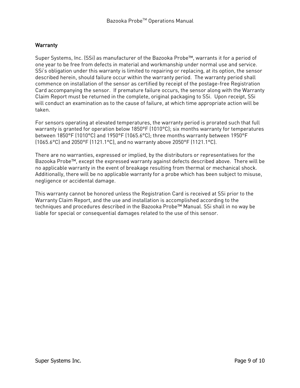 Warranty | Super Systems Bazooka Probe User Manual | Page 9 / 10