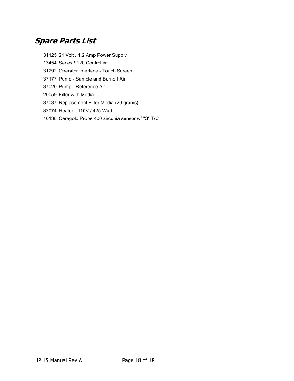 Spare parts list | Super Systems HP15 User Manual | Page 18 / 23