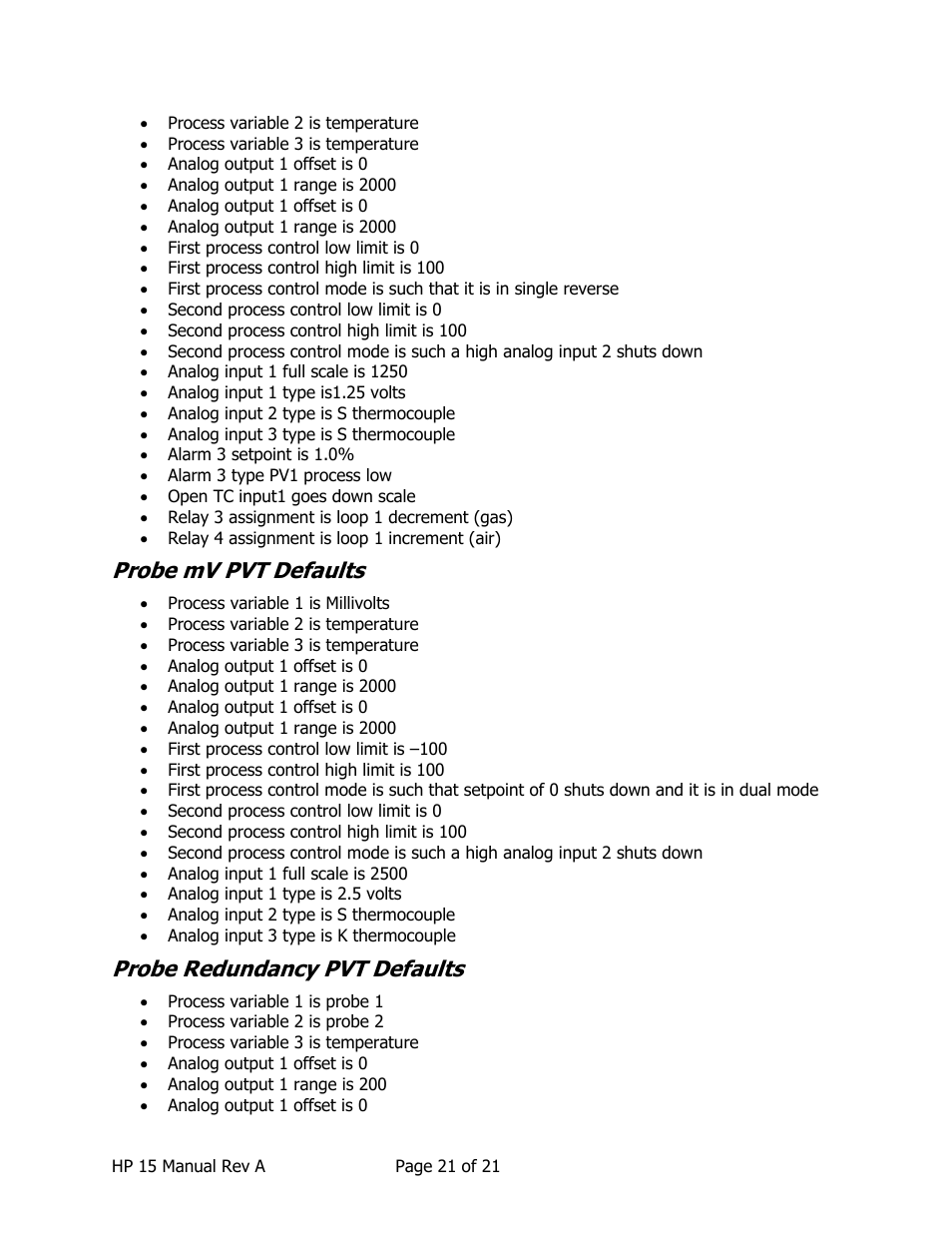 Probe mv pvt defaults, Probe redundancy pvt defaults | Super Systems HP15 User Manual | Page 21 / 23