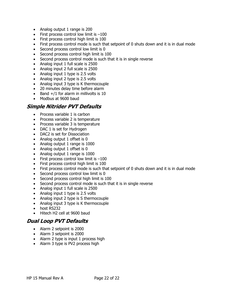 Simple nitrider pvt defaults, Dual loop pvt defaults | Super Systems HP15 User Manual | Page 22 / 23