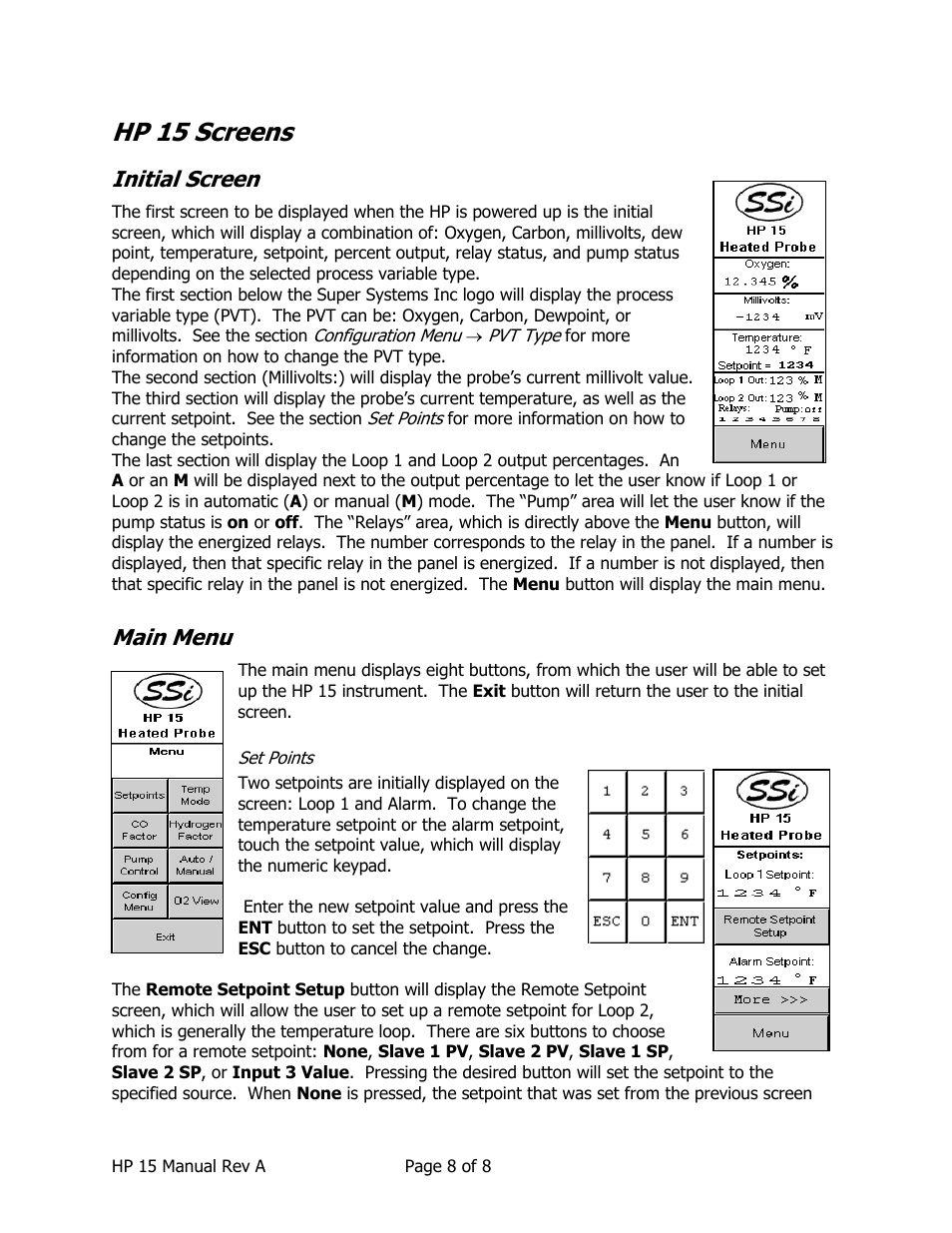 Hp 15 screens, Initial screen, Main menu | Super Systems HP15 User Manual | Page 8 / 23