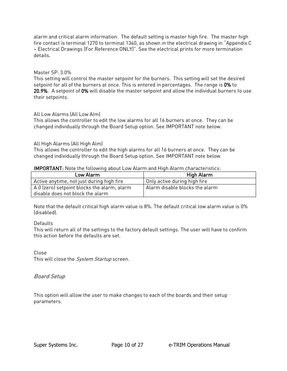 Master sp: 3.0, All low alarms (all low alm), All high alarms (all high alm) | Defaults, Close, Board setup | Super Systems e-TRIM User Manual | Page 10 / 27