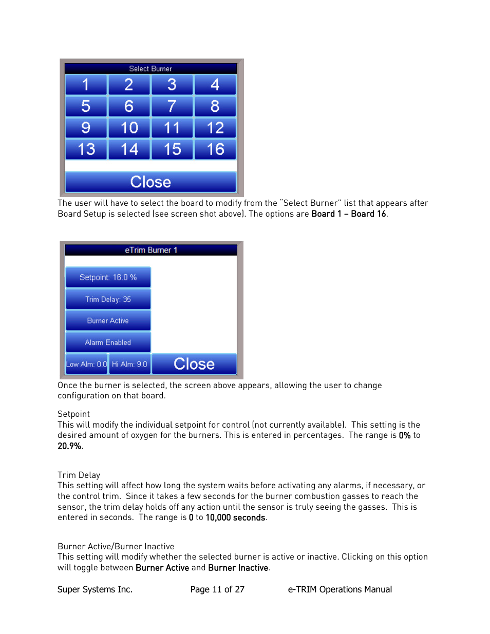 Setpoint, Trim delay, Burner active/burner inactive | Super Systems e-TRIM User Manual | Page 11 / 27