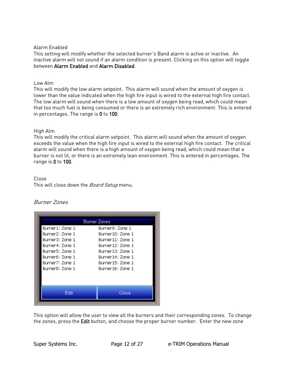 Alarm enabled, Low alm, High alm | Close, Burner zones | Super Systems e-TRIM User Manual | Page 12 / 27