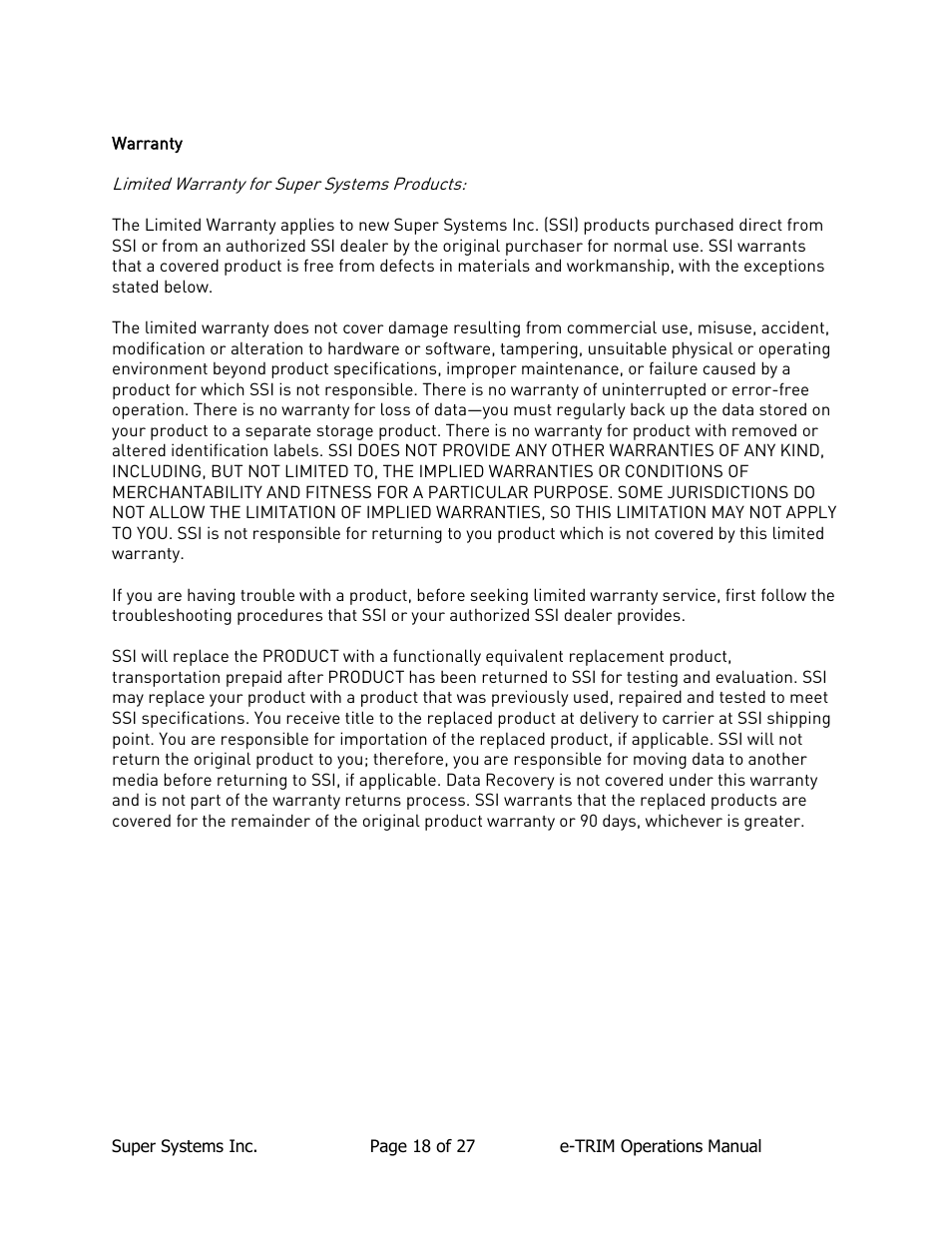 Warranty | Super Systems e-TRIM User Manual | Page 18 / 27
