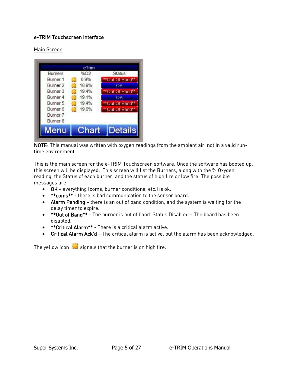E-trim touchscreen interface, Main screen, Creen | Super Systems e-TRIM User Manual | Page 5 / 27