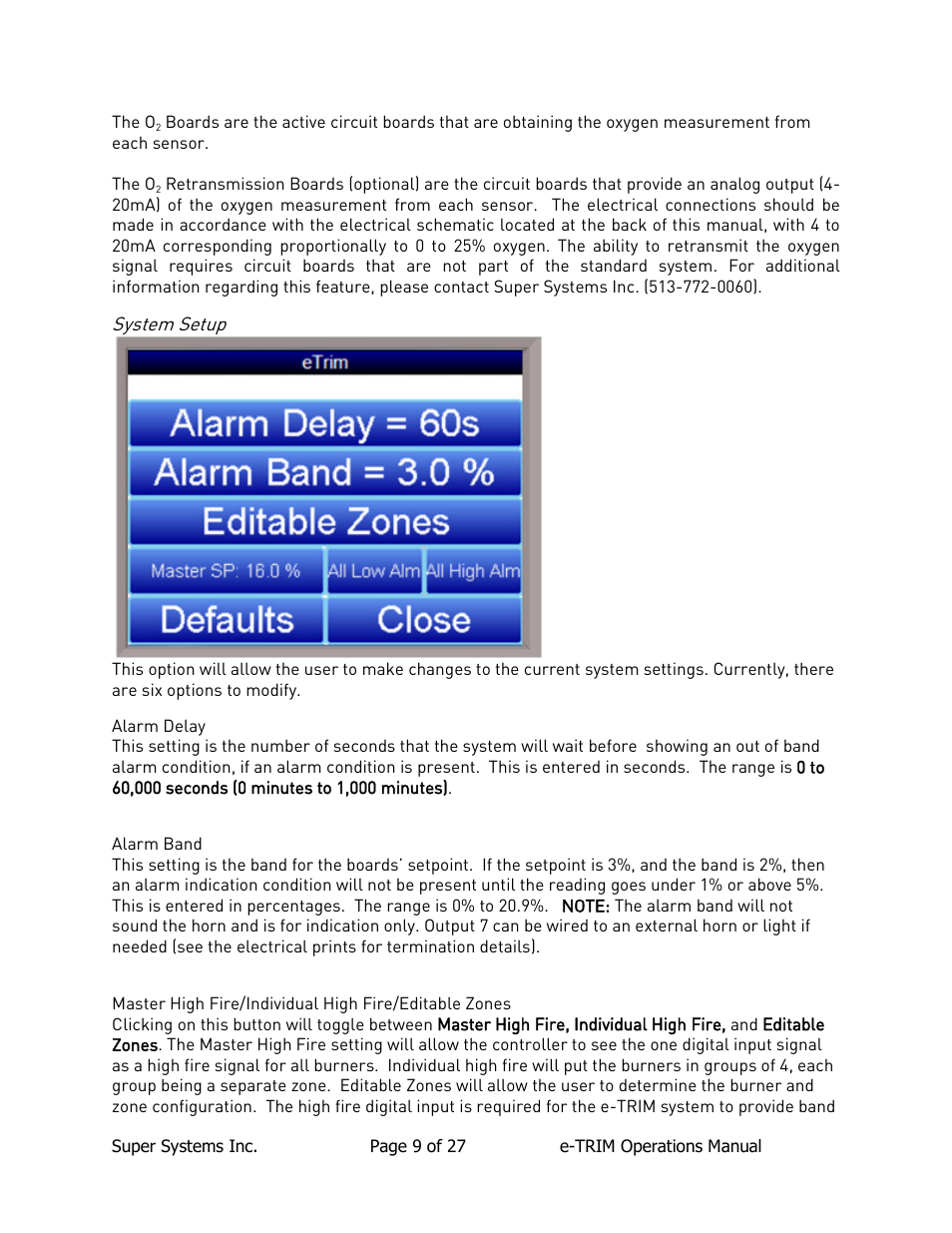 System setup, Alarm delay, Alarm band | Super Systems e-TRIM User Manual | Page 9 / 27