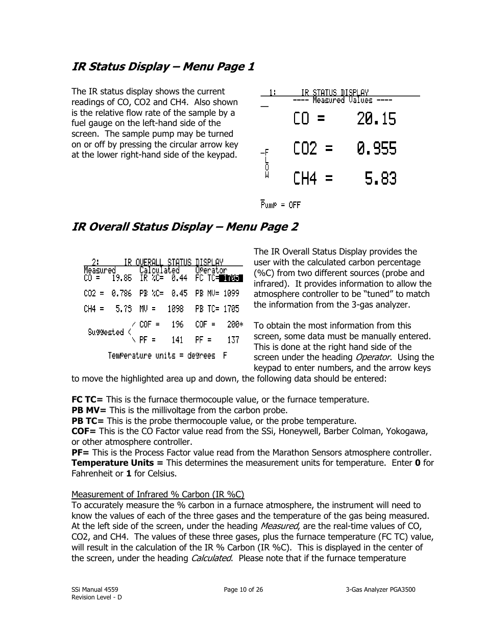 Ir status display – menu page 1, Ir overall status display – menu page 2 | Super Systems PGA3500 User Manual | Page 10 / 26