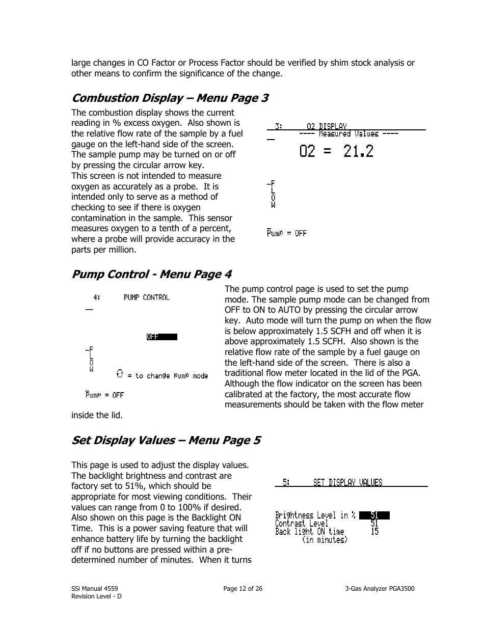 Combustion display – menu page 3, Pump control - menu page 4, Set display values – menu page 5 | Super Systems PGA3500 User Manual | Page 12 / 26