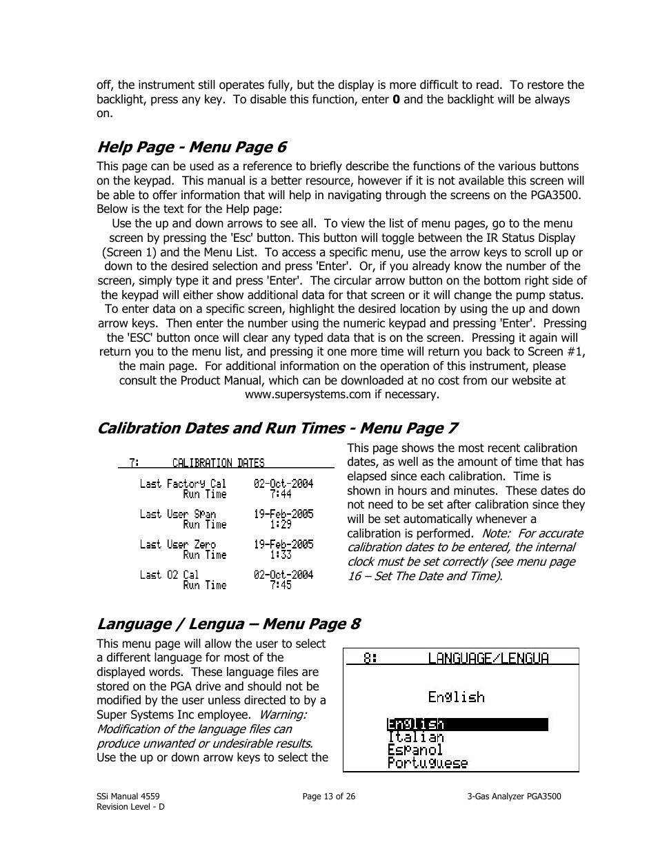 Help page - menu page 6, Calibration dates and run times - menu page 7, Language / lengua – menu page 8 | Super Systems PGA3500 User Manual | Page 13 / 26