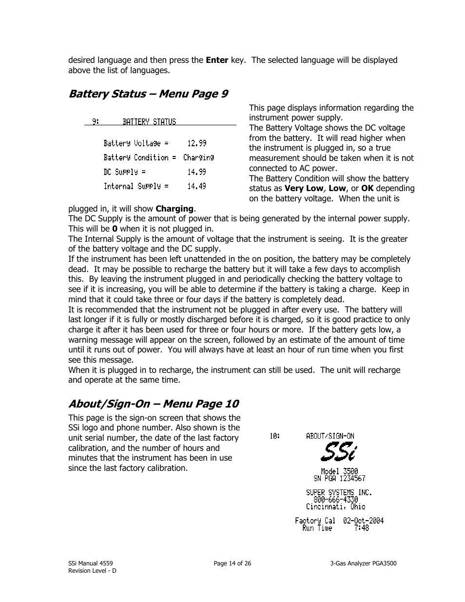 Battery status – menu page 9, About/sign-on – menu page 10 | Super Systems PGA3500 User Manual | Page 14 / 26