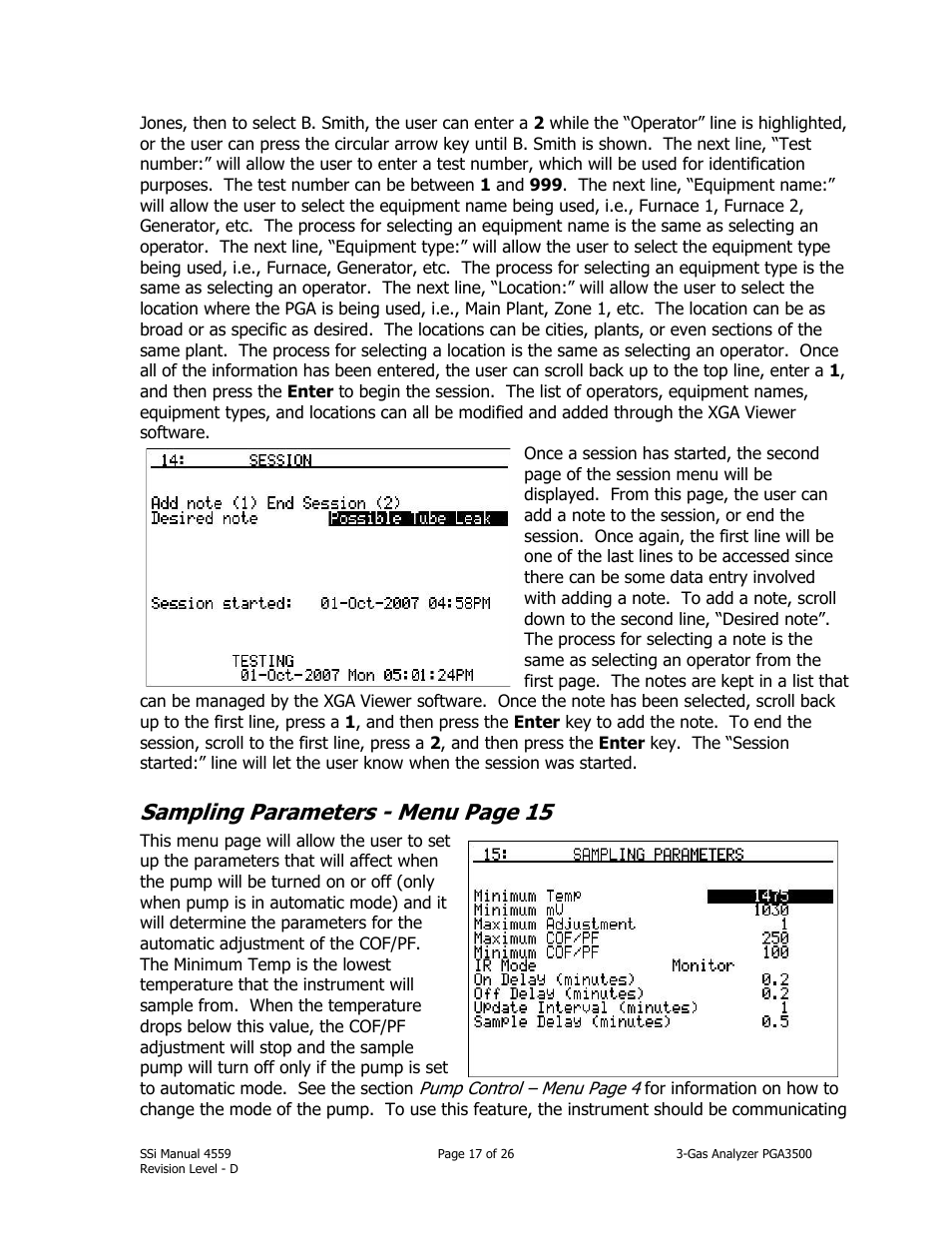 Sampling parameters - menu page 15 | Super Systems PGA3500 User Manual | Page 17 / 26