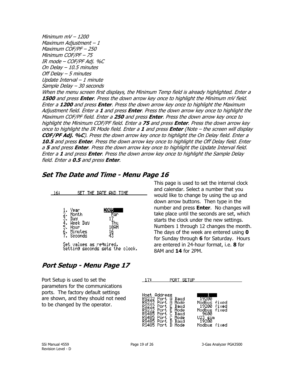 Set the date and time - menu page 16, Port setup - menu page 17 | Super Systems PGA3500 User Manual | Page 19 / 26