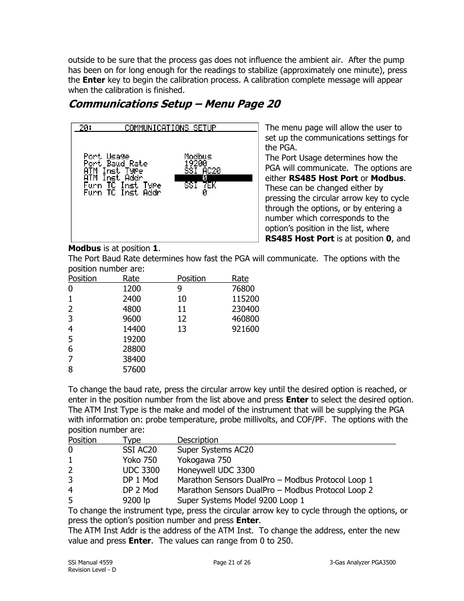 Communications setup – menu page 20 | Super Systems PGA3500 User Manual | Page 21 / 26