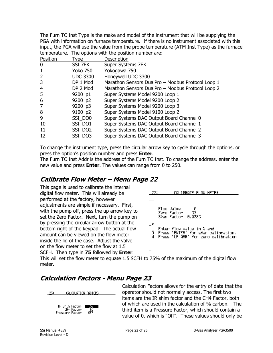 Calibrate flow meter – menu page 22, Calculation factors - menu page 23 | Super Systems PGA3500 User Manual | Page 22 / 26