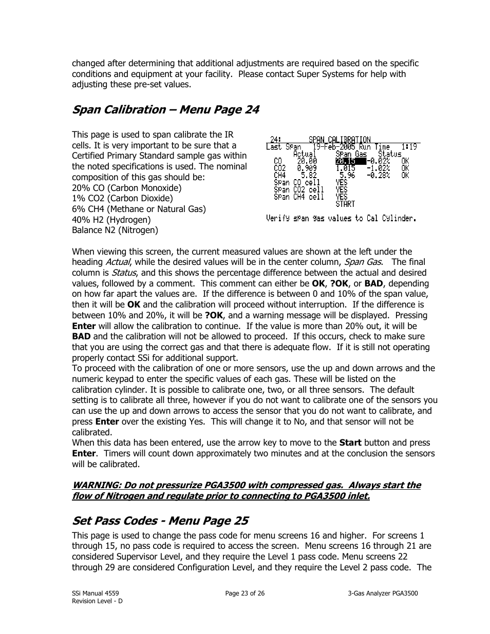 Span calibration – menu page 24, Set pass codes - menu page 25 | Super Systems PGA3500 User Manual | Page 23 / 26