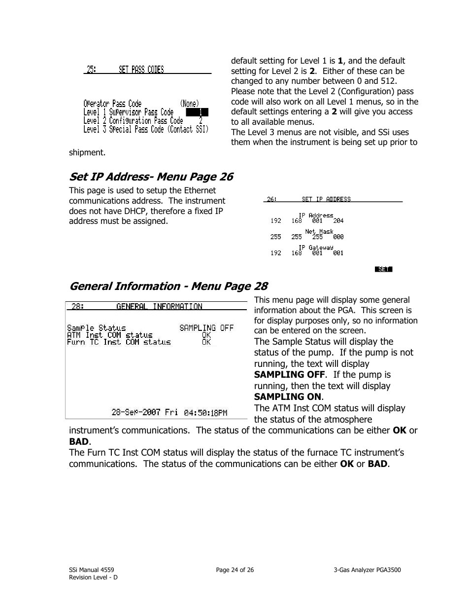 Set ip address- menu page 26, General information - menu page 28 | Super Systems PGA3500 User Manual | Page 24 / 26