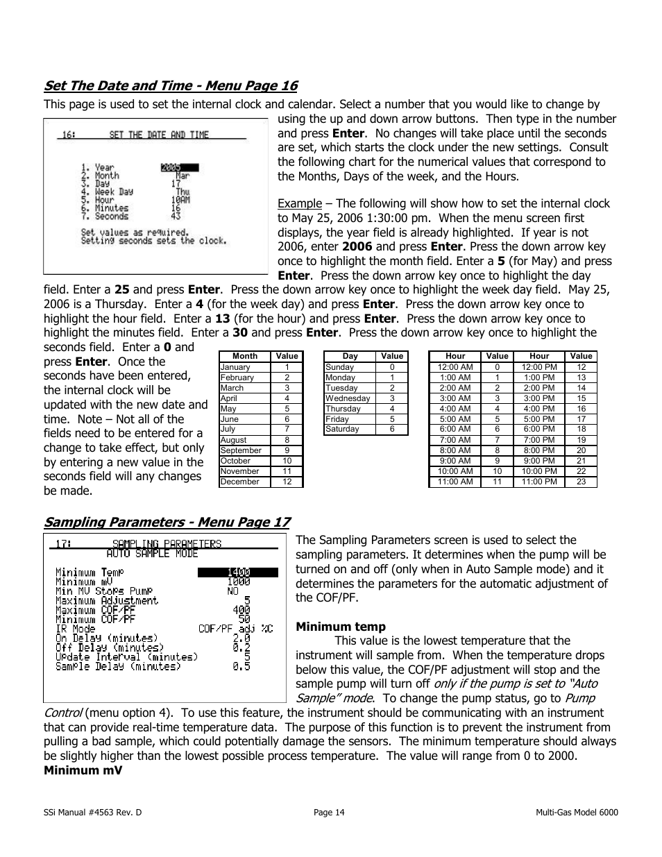Set the date and time - menu page 16, Sampling parameters - menu page 17, Only if the pump is set to “auto sample” mode | Pump control | Super Systems MGA6000 User Manual | Page 14 / 42