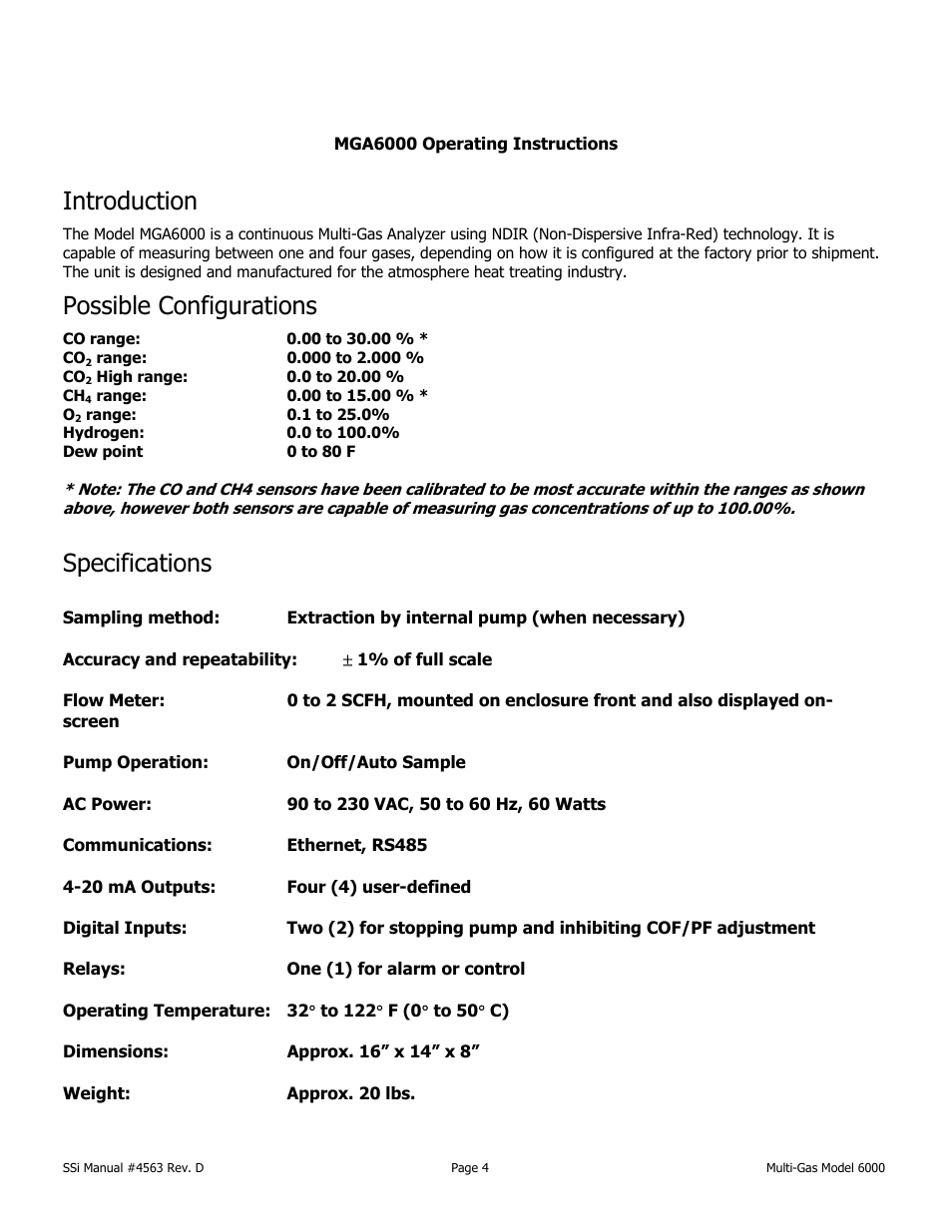 Introduction, Possible configurations, Specifications | Super Systems MGA6000 User Manual | Page 4 / 42