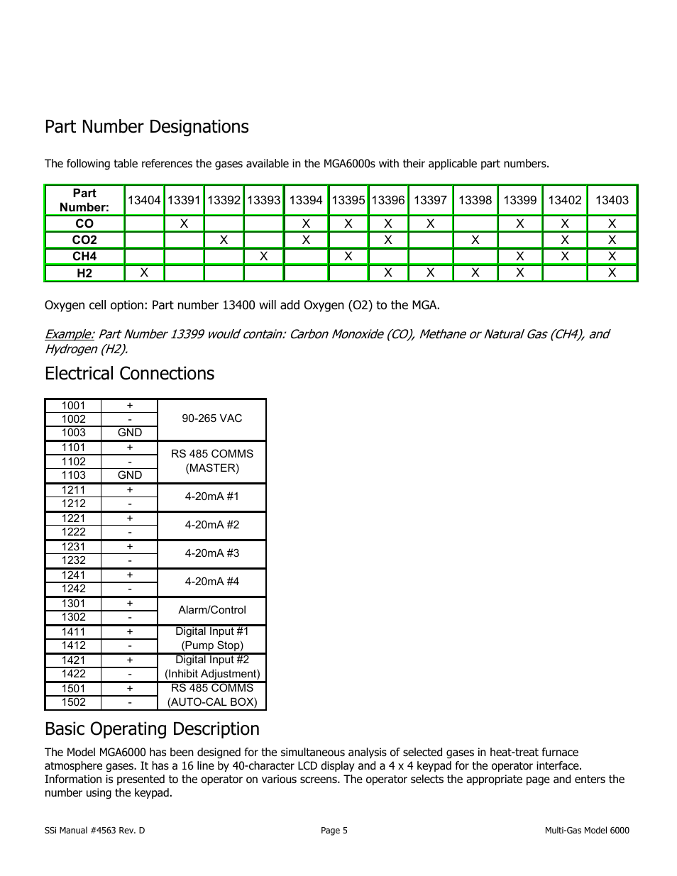 Part number designations, Electrical connections basic operating description | Super Systems MGA6000 User Manual | Page 5 / 42