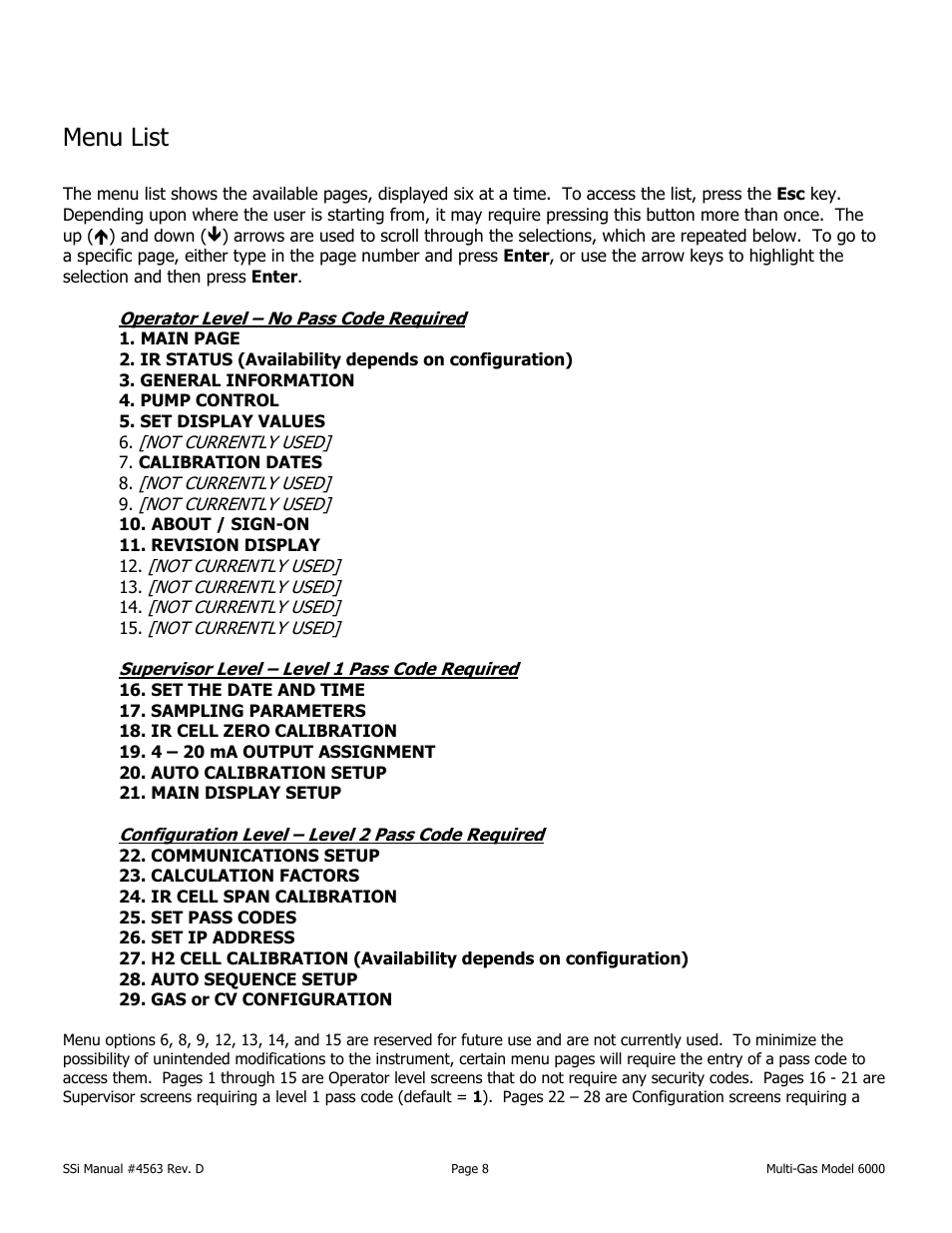 Menu list | Super Systems MGA6000 User Manual | Page 8 / 42
