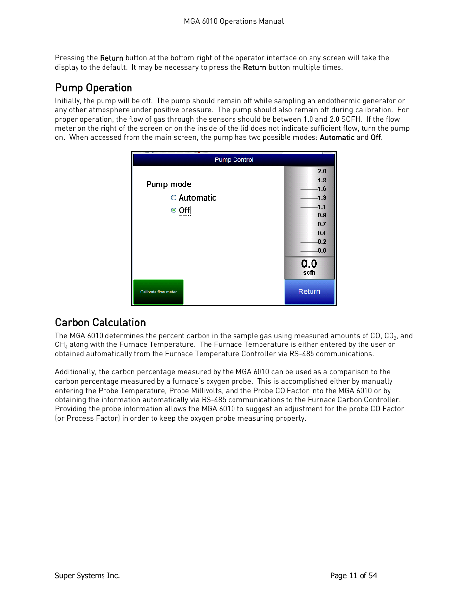 Pump operation, Carbon calculation | Super Systems MGA6010 User Manual | Page 11 / 54