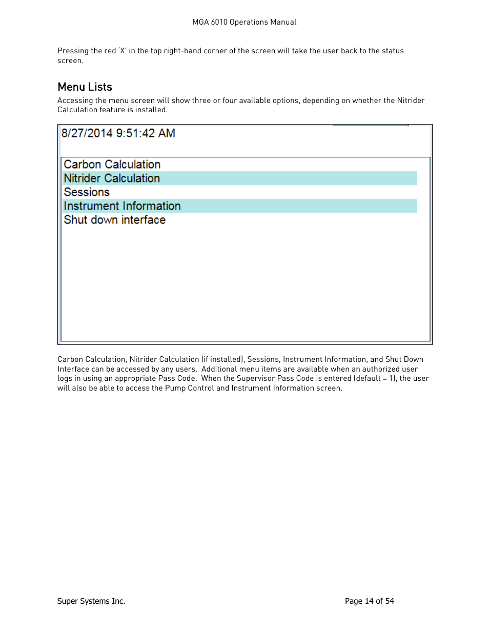 Menu lists | Super Systems MGA6010 User Manual | Page 14 / 54