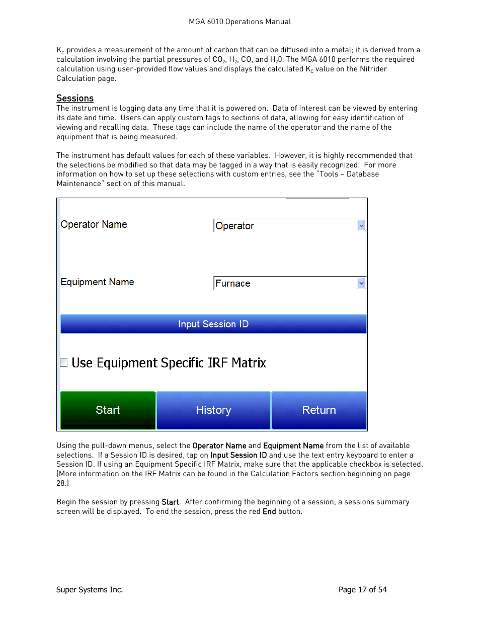 Sessions | Super Systems MGA6010 User Manual | Page 17 / 54