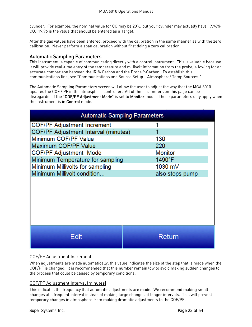 Automatic sampling parameters, Cof/pf adjustment increment, Cof/pf adjustment interval (minutes) | Super Systems MGA6010 User Manual | Page 23 / 54