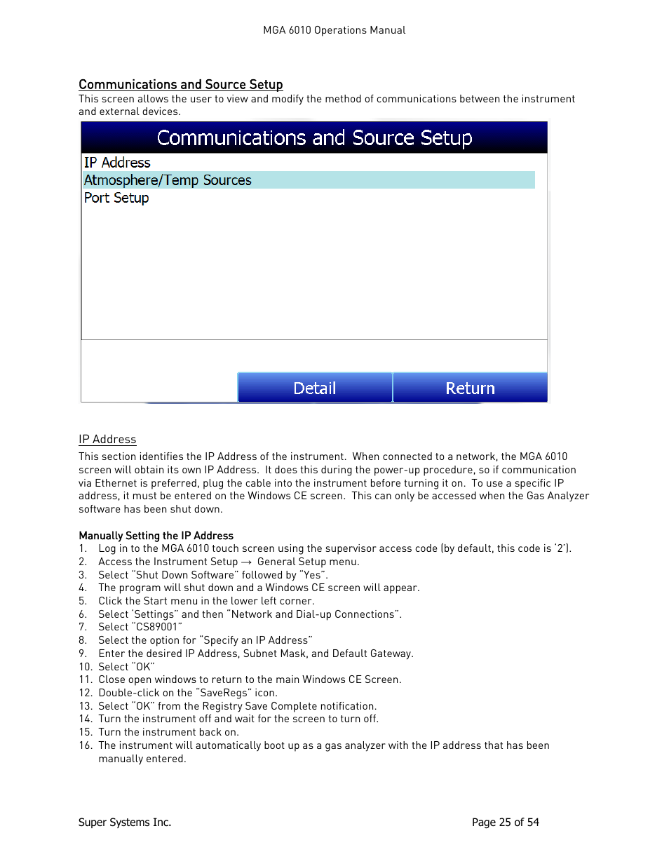 Communications and source setup, Ip address | Super Systems MGA6010 User Manual | Page 25 / 54