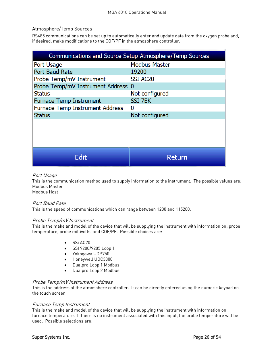 Atmosphere/temp sources, Port usage, Port baud rate | Probe temp/mv instrument, Probe temp/mv instrument address, Furnace temp instrument | Super Systems MGA6010 User Manual | Page 26 / 54