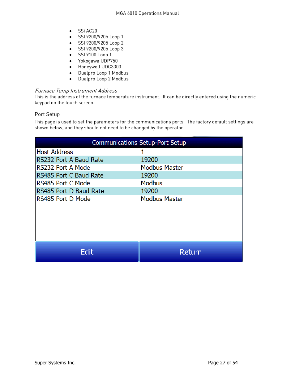 Furnace temp instrument address, Port setup | Super Systems MGA6010 User Manual | Page 27 / 54