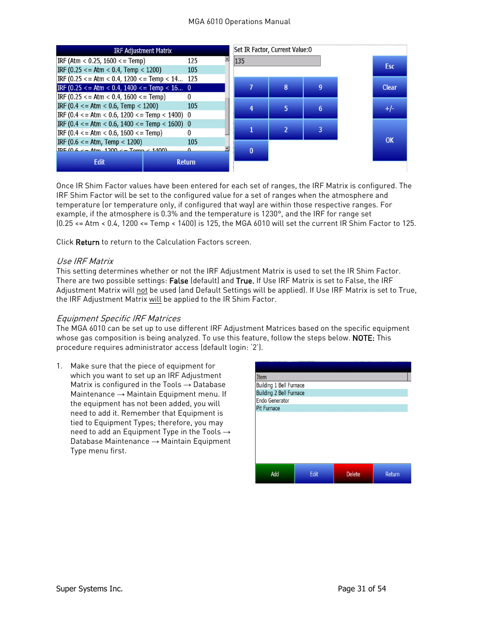 Use irf matrix, Equipment specific irf matrices, E equipment | Specific irf matrices, Below | Super Systems MGA6010 User Manual | Page 31 / 54