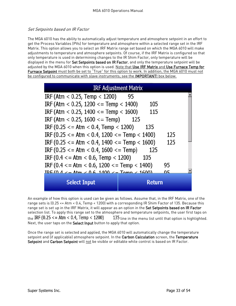 Set setpoints based on ir factor | Super Systems MGA6010 User Manual | Page 33 / 54