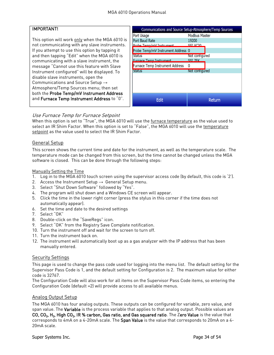 Use furnace temp for furnace setpoint, General setup, Security settings | Analog output setup | Super Systems MGA6010 User Manual | Page 34 / 54