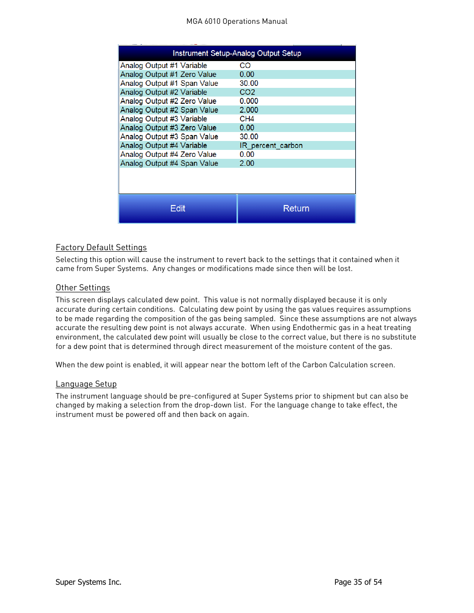 Factory default settings, Other settings, Language setup | Super Systems MGA6010 User Manual | Page 35 / 54