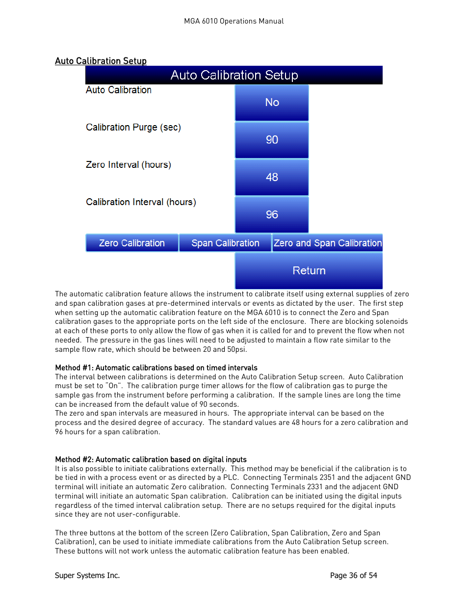 Auto calibration setup | Super Systems MGA6010 User Manual | Page 36 / 54