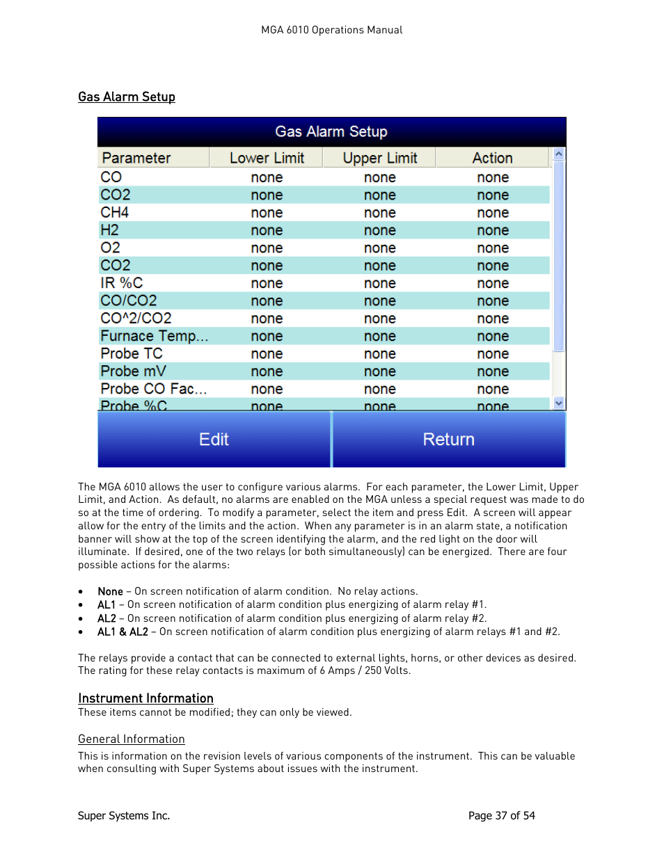 Gas alarm setup, Instrument information, General information | Super Systems MGA6010 User Manual | Page 37 / 54