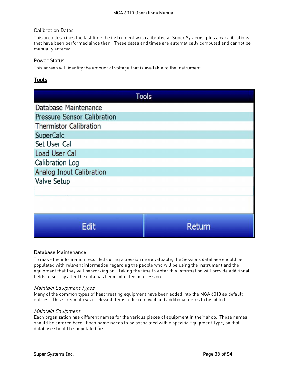 Calibration dates, Power status, Tools | Database maintenance, Maintain equipment types, Maintain equipment | Super Systems MGA6010 User Manual | Page 38 / 54