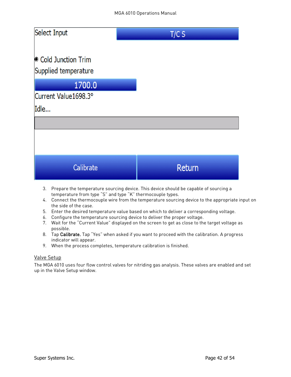 Valve setup | Super Systems MGA6010 User Manual | Page 42 / 54