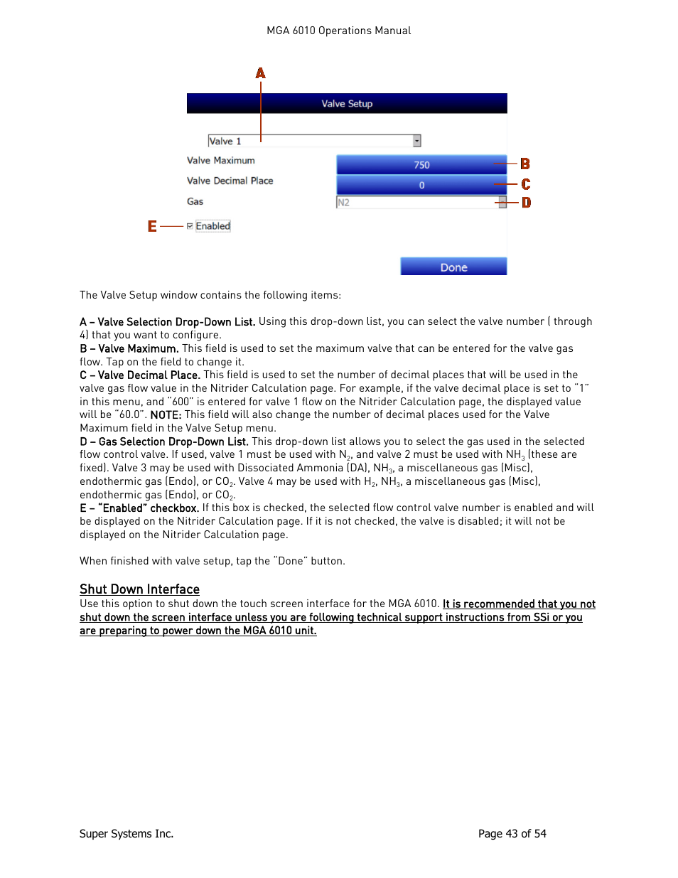 Shut down interface | Super Systems MGA6010 User Manual | Page 43 / 54