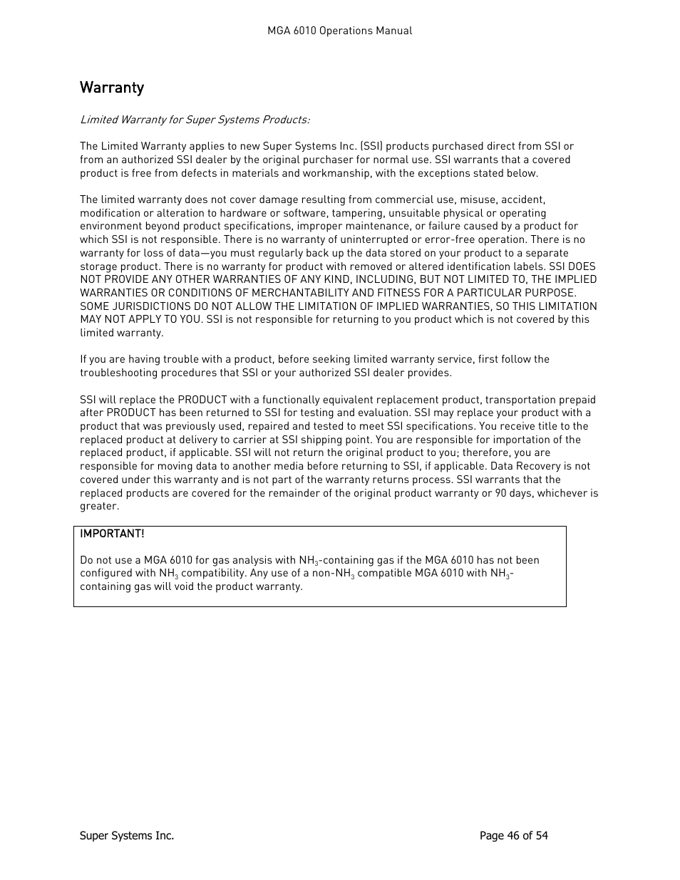 Warranty | Super Systems MGA6010 User Manual | Page 46 / 54